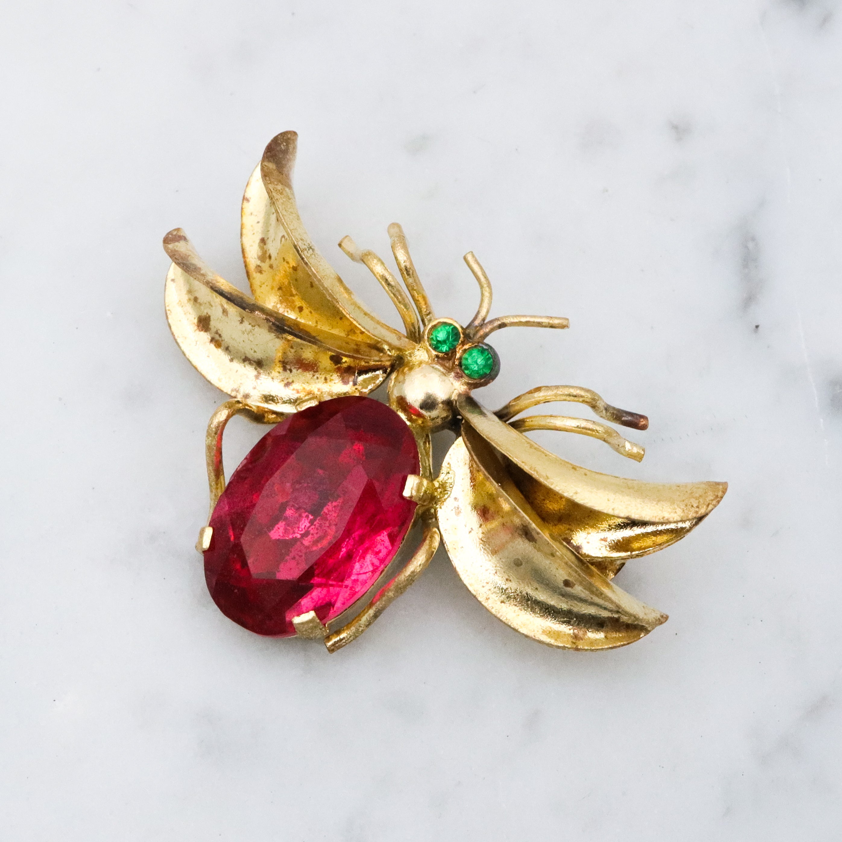 Antique Czech crystal gold plated winged insect brooch